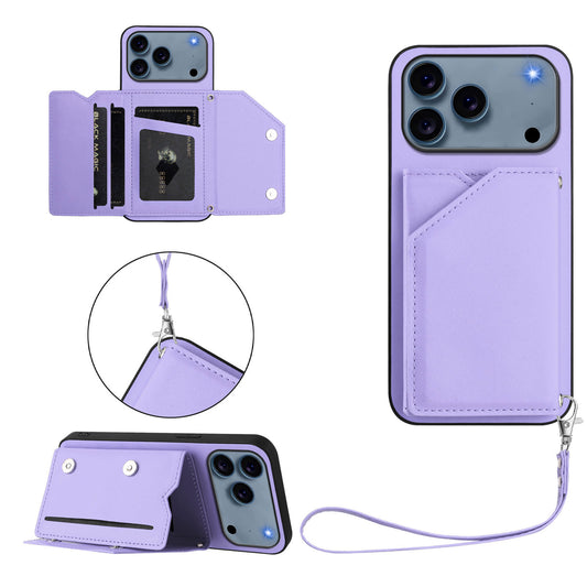 For iPhone 17 Pro Max Case Card Holder Kickstand Skin-Touch Phone Cover with Wrist Strap - Light Purple