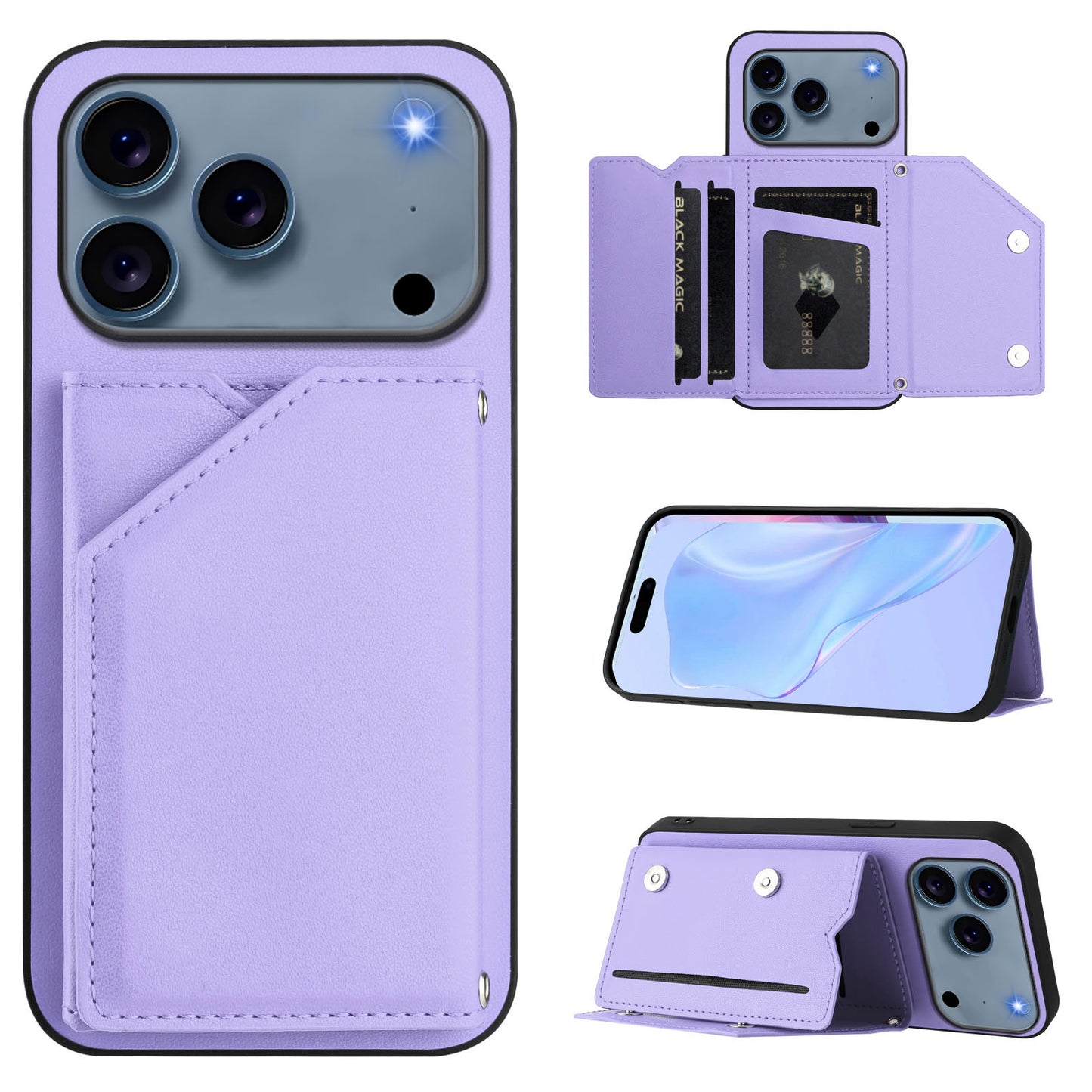 For iPhone 17 Pro Max Case Card Holder Kickstand Skin-Touch Phone Cover with Wrist Strap - Light Purple