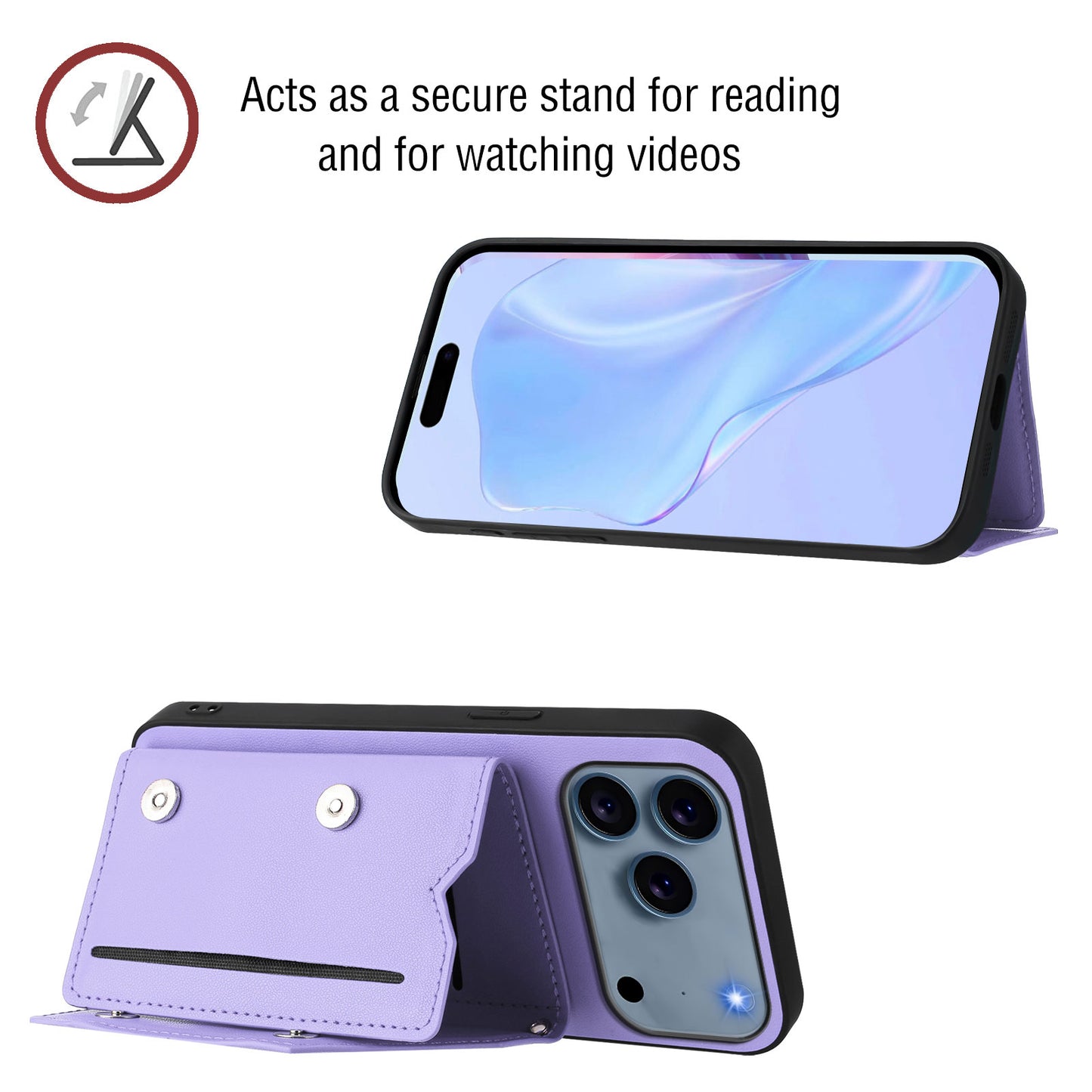 For iPhone 17 Pro Max Case Card Holder Kickstand Skin-Touch Phone Cover with Wrist Strap - Light Purple