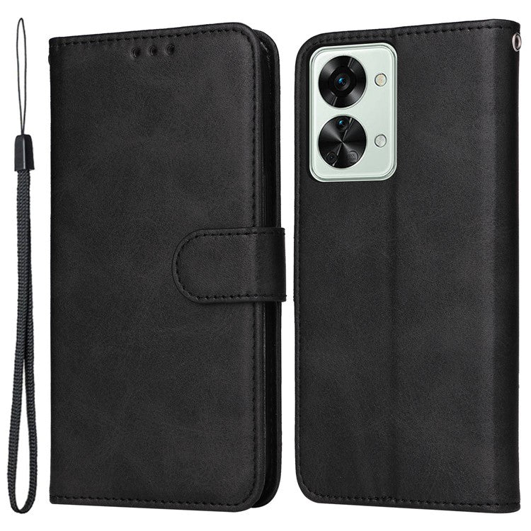 For OnePlus Nord 2T 5G Magnetic PU Leather Stand Flip Cover Calf Texture TPU Inner Shell Folio Wallet Phone Case with Strap - Black
