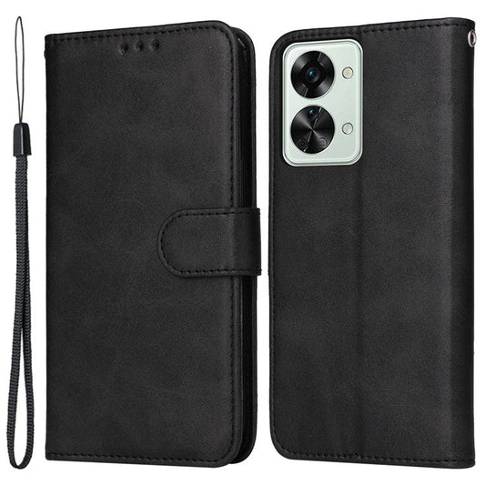 For OnePlus Nord 2T 5G Magnetic PU Leather Stand Flip Cover Calf Texture TPU Inner Shell Folio Wallet Phone Case with Strap - Black