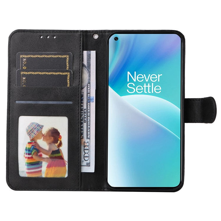 For OnePlus Nord 2T 5G Magnetic PU Leather Stand Flip Cover Calf Texture TPU Inner Shell Folio Wallet Phone Case with Strap - Black