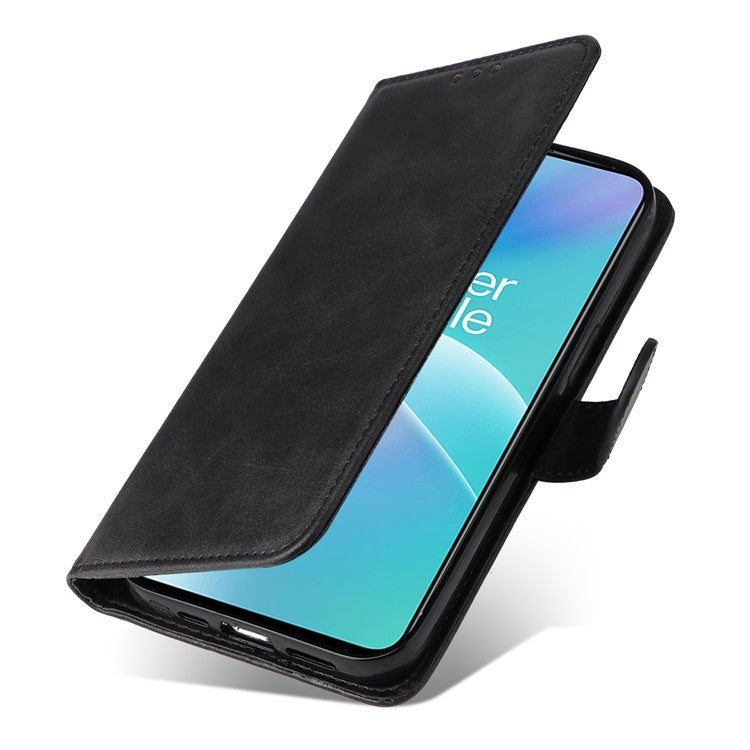 For OnePlus Nord 2T 5G Magnetic PU Leather Stand Flip Cover Calf Texture TPU Inner Shell Folio Wallet Phone Case with Strap - Black