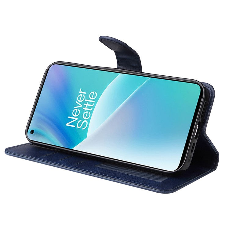 For OnePlus Nord 2T 5G Magnetic PU Leather Stand Flip Cover Calf Texture TPU Inner Shell Folio Wallet Phone Case with Strap - Blue