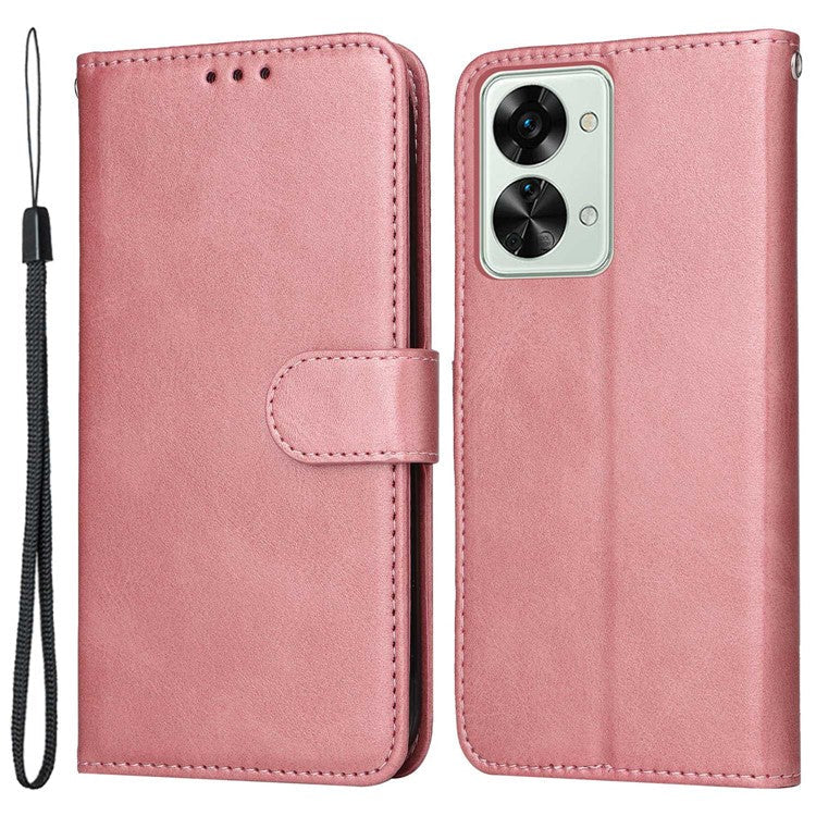 For OnePlus Nord 2T 5G Magnetic PU Leather Stand Flip Cover Calf Texture TPU Inner Shell Folio Wallet Phone Case with Strap - Rose Gold