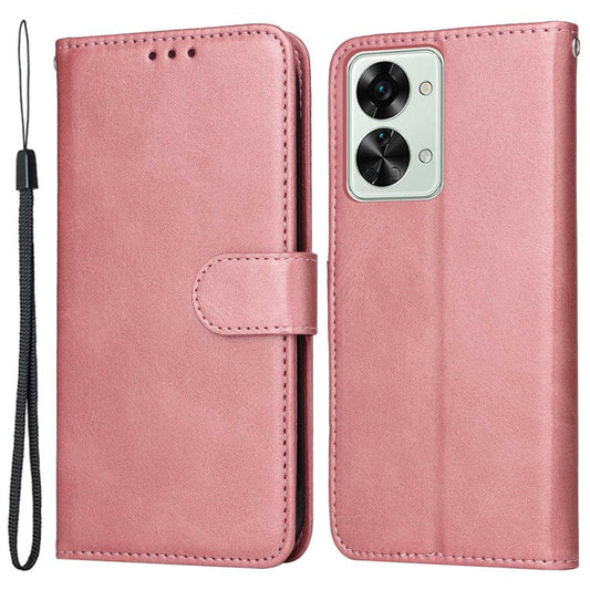 For OnePlus Nord 2T 5G Magnetic PU Leather Stand Flip Cover Calf Texture TPU Inner Shell Folio Wallet Phone Case with Strap - Rose Gold