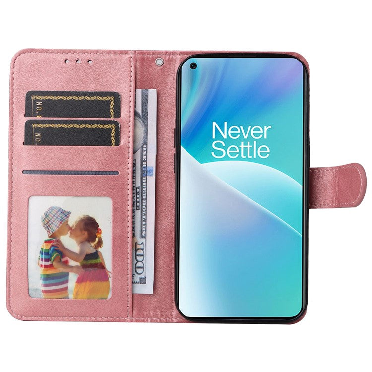 For OnePlus Nord 2T 5G Magnetic PU Leather Stand Flip Cover Calf Texture TPU Inner Shell Folio Wallet Phone Case with Strap - Rose Gold