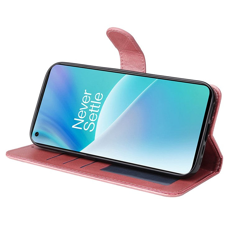 For OnePlus Nord 2T 5G Magnetic PU Leather Stand Flip Cover Calf Texture TPU Inner Shell Folio Wallet Phone Case with Strap - Rose Gold