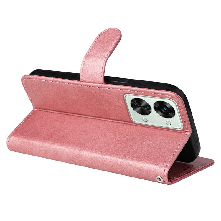 For OnePlus Nord 2T 5G Magnetic PU Leather Stand Flip Cover Calf Texture TPU Inner Shell Folio Wallet Phone Case with Strap - Rose Gold