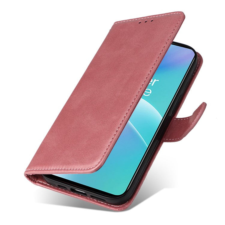 For OnePlus Nord 2T 5G Magnetic PU Leather Stand Flip Cover Calf Texture TPU Inner Shell Folio Wallet Phone Case with Strap - Rose Gold