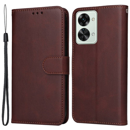 For OnePlus Nord 2T 5G Magnetic PU Leather Stand Flip Cover Calf Texture TPU Inner Shell Folio Wallet Phone Case with Strap - Brown