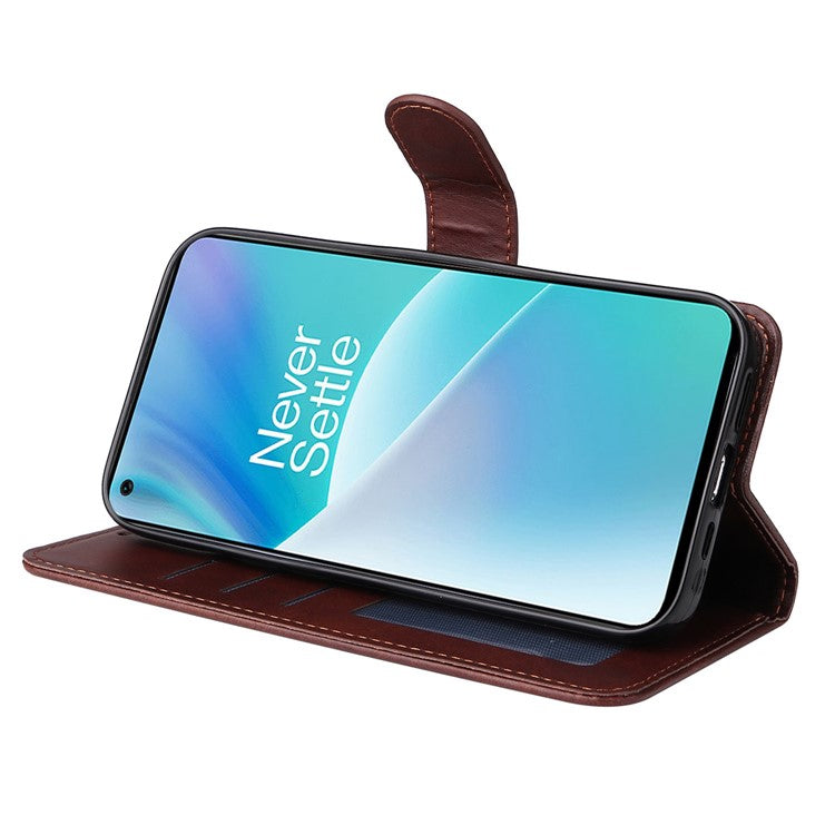 For OnePlus Nord 2T 5G Magnetic PU Leather Stand Flip Cover Calf Texture TPU Inner Shell Folio Wallet Phone Case with Strap - Brown
