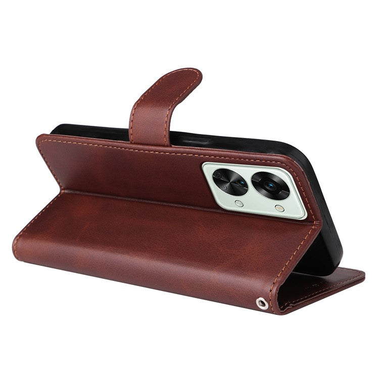 For OnePlus Nord 2T 5G Magnetic PU Leather Stand Flip Cover Calf Texture TPU Inner Shell Folio Wallet Phone Case with Strap - Brown