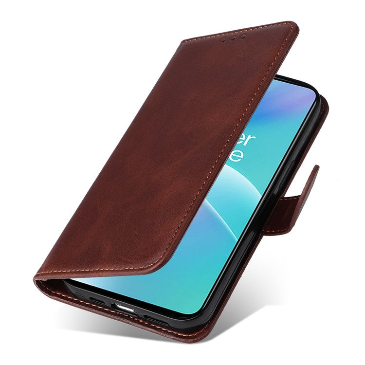 For OnePlus Nord 2T 5G Magnetic PU Leather Stand Flip Cover Calf Texture TPU Inner Shell Folio Wallet Phone Case with Strap - Brown