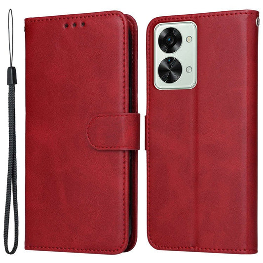 For OnePlus Nord 2T 5G Magnetic PU Leather Stand Flip Cover Calf Texture TPU Inner Shell Folio Wallet Phone Case with Strap - Red