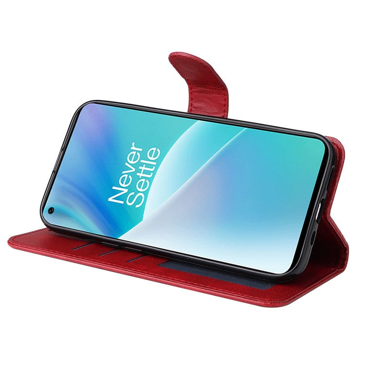 For OnePlus Nord 2T 5G Magnetic PU Leather Stand Flip Cover Calf Texture TPU Inner Shell Folio Wallet Phone Case with Strap - Red