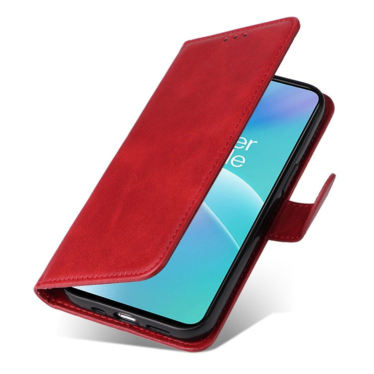 For OnePlus Nord 2T 5G Magnetic PU Leather Stand Flip Cover Calf Texture TPU Inner Shell Folio Wallet Phone Case with Strap - Red