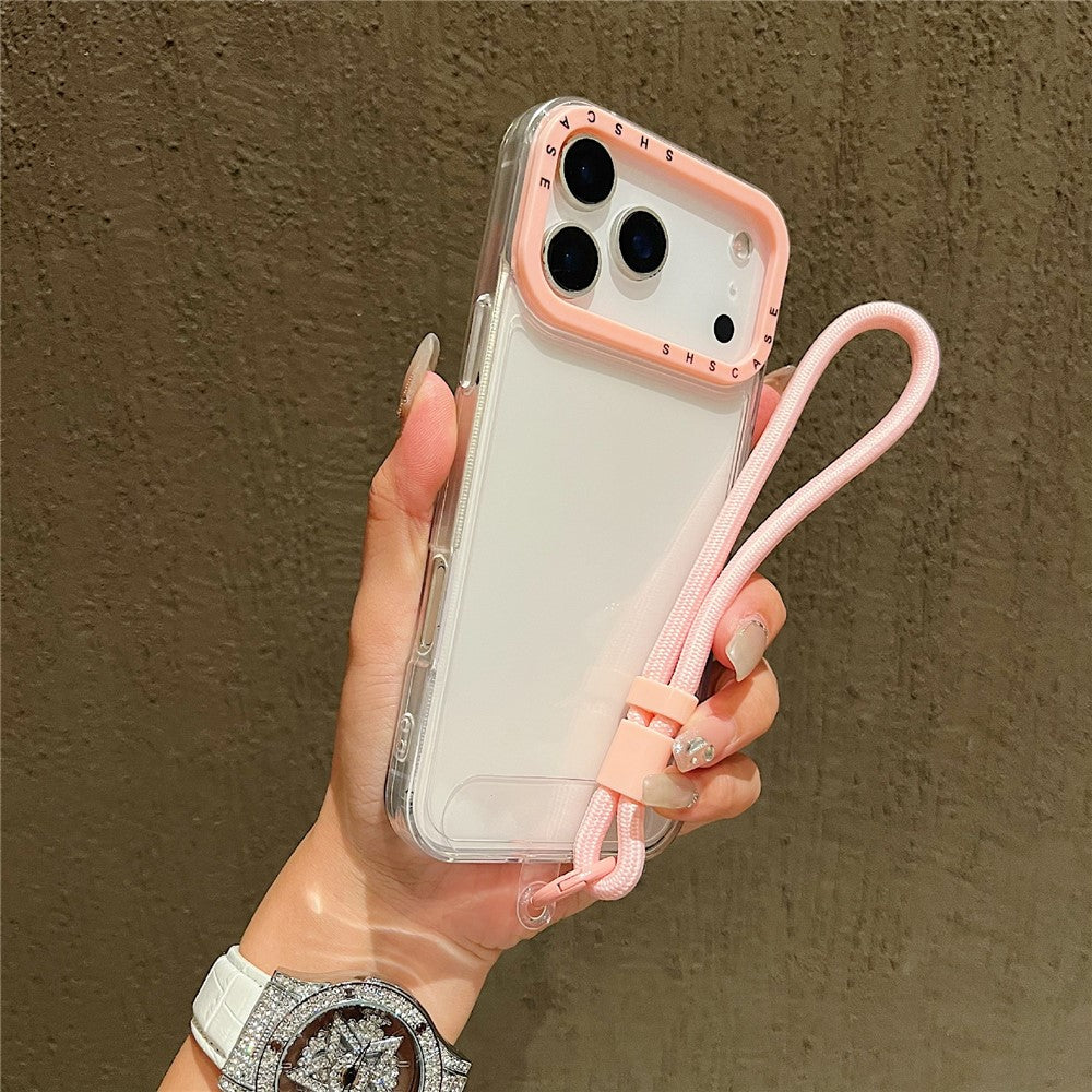 For iPhone 17 Pro Max Case Clear Contrasting Colors Shockproof TPU Phone Back Cover with Wrist Strap - Transparent
