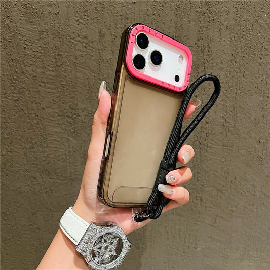 For iPhone 17 Pro Max Case Clear Contrasting Colors Shockproof TPU Phone Back Cover with Wrist Strap - Grey