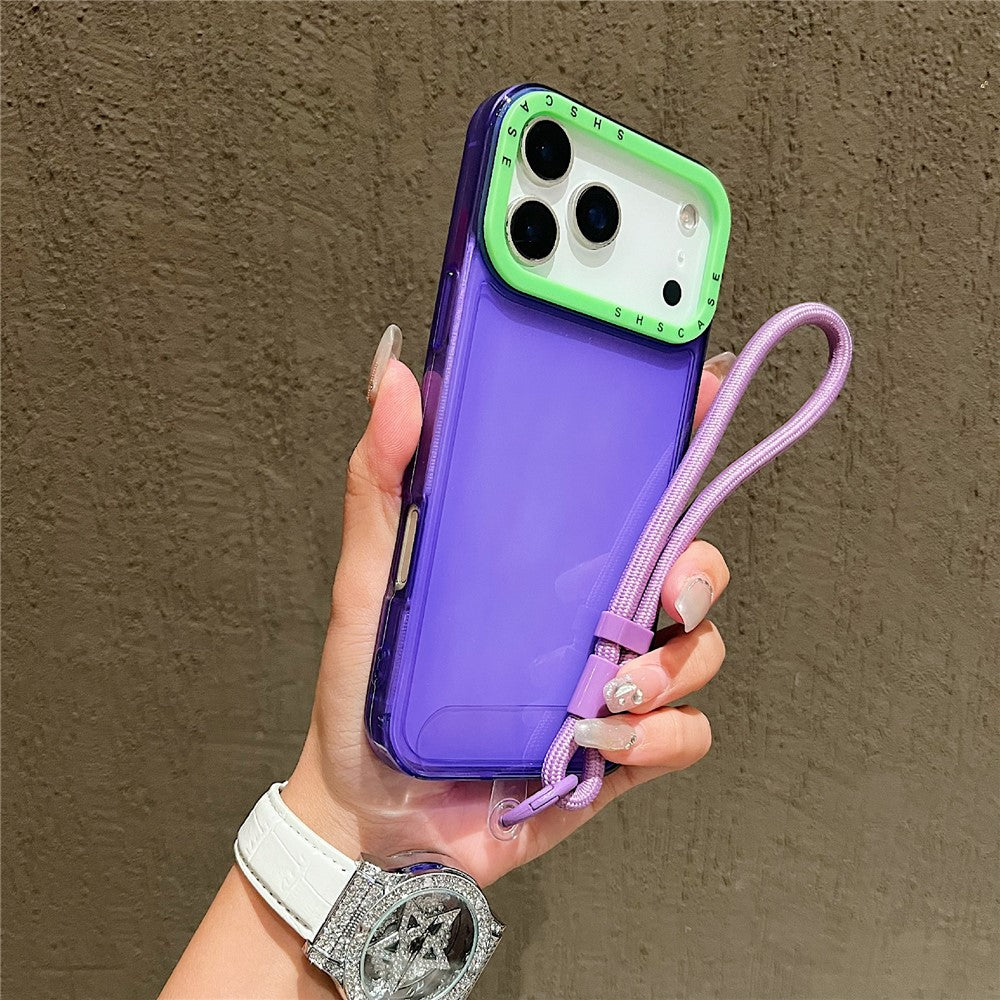For iPhone 17 Pro Max Case Clear Contrasting Colors Shockproof TPU Phone Back Cover with Wrist Strap - Purple