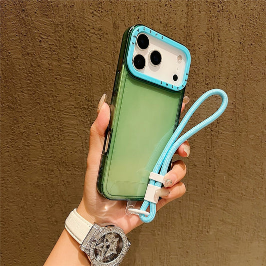 For iPhone 17 Pro Max Case Clear Contrasting Colors Shockproof TPU Phone Back Cover with Wrist Strap - Green
