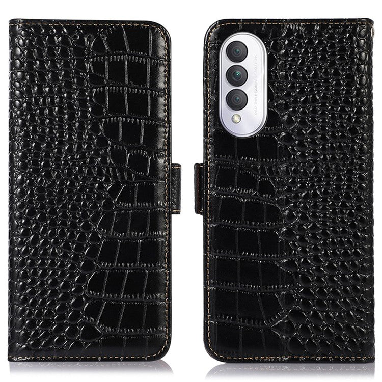 For Honor X20 SE Crocodile Texture Genuine Cowhide Leather Flip Folio Case Wallet Design RFID Blocking Stand Shockproof Phone Cover - Black