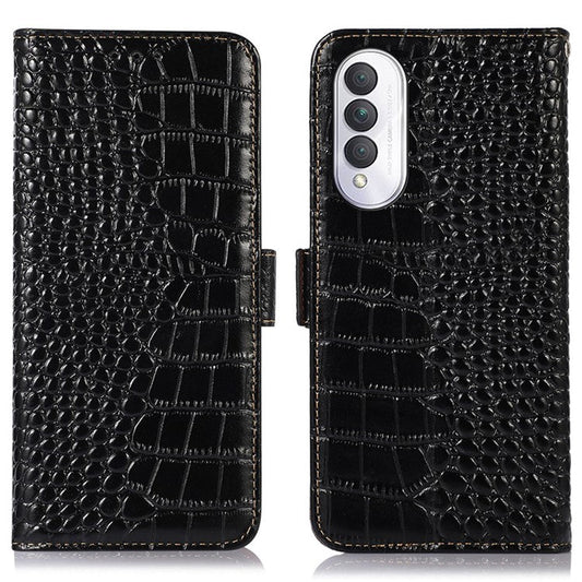 For Honor X20 SE Crocodile Texture Genuine Cowhide Leather Flip Folio Case Wallet Design RFID Blocking Stand Shockproof Phone Cover - Black