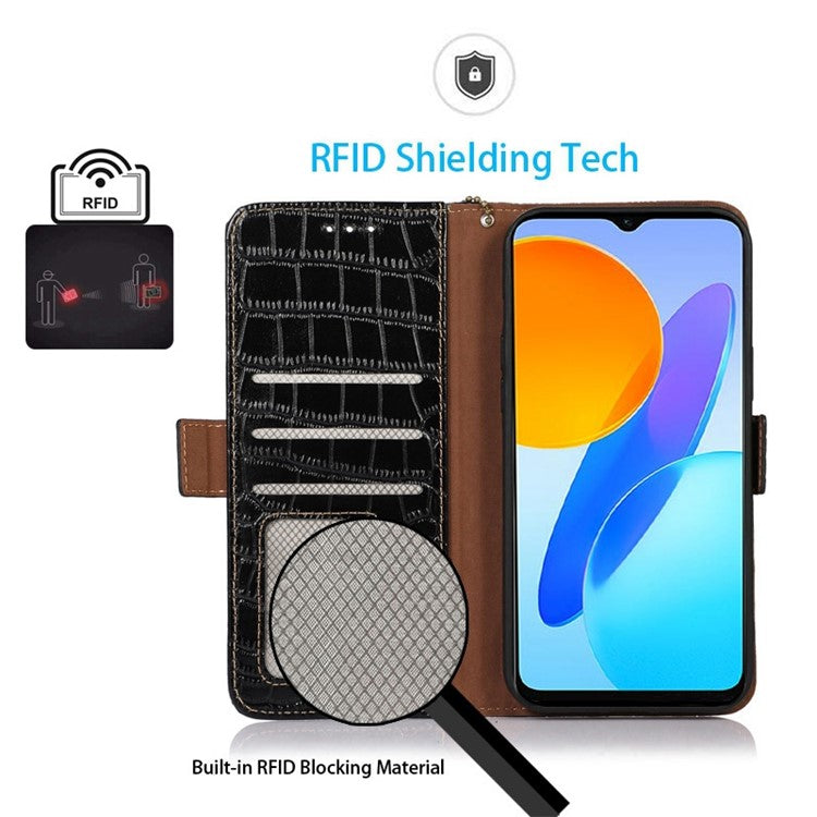 For Honor X20 SE Crocodile Texture Genuine Cowhide Leather Flip Folio Case Wallet Design RFID Blocking Stand Shockproof Phone Cover - Black