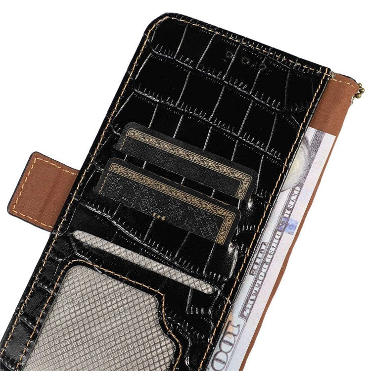 For Honor X20 SE Crocodile Texture Genuine Cowhide Leather Flip Folio Case Wallet Design RFID Blocking Stand Shockproof Phone Cover - Black