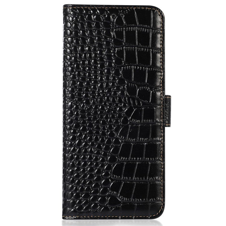 For Honor X20 SE Crocodile Texture Genuine Cowhide Leather Flip Folio Case Wallet Design RFID Blocking Stand Shockproof Phone Cover - Black
