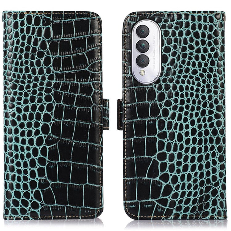 For Honor X20 SE Crocodile Texture Genuine Cowhide Leather Flip Folio Case Wallet Design RFID Blocking Stand Shockproof Phone Cover - Green