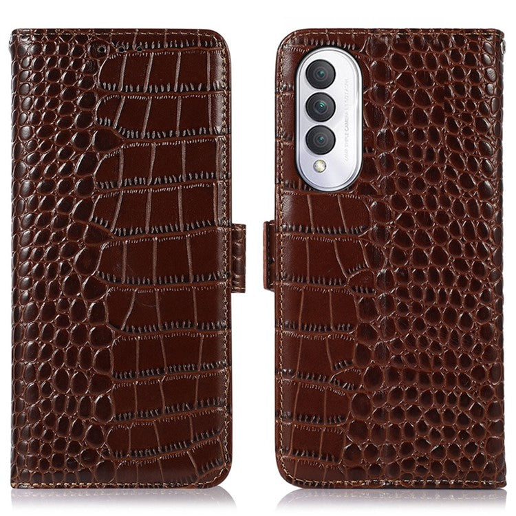 For Honor X20 SE Crocodile Texture Genuine Cowhide Leather Flip Folio Case Wallet Design RFID Blocking Stand Shockproof Phone Cover - Brown