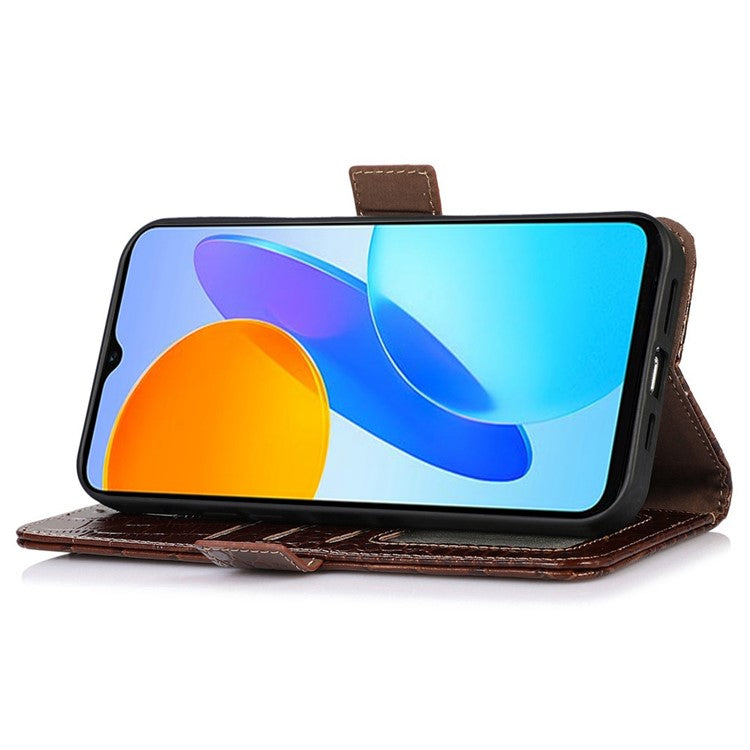 For Honor X20 SE Crocodile Texture Genuine Cowhide Leather Flip Folio Case Wallet Design RFID Blocking Stand Shockproof Phone Cover - Brown