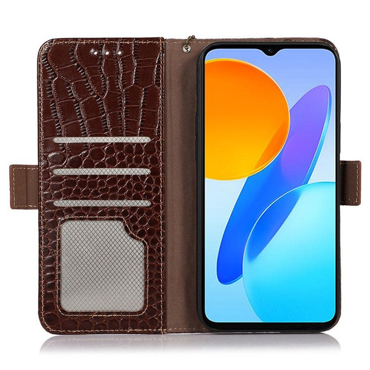For Honor X20 SE Crocodile Texture Genuine Cowhide Leather Flip Folio Case Wallet Design RFID Blocking Stand Shockproof Phone Cover - Brown