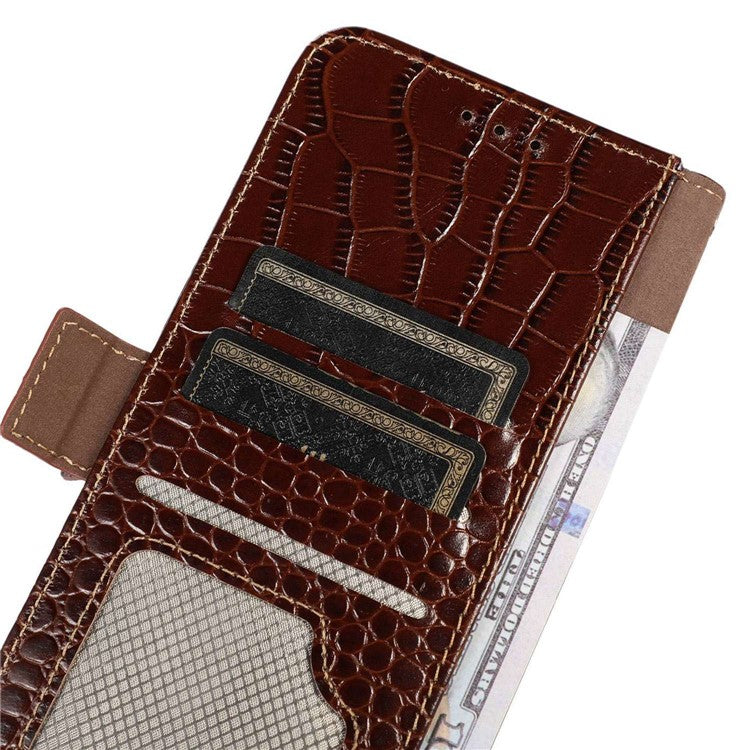For Honor X20 SE Crocodile Texture Genuine Cowhide Leather Flip Folio Case Wallet Design RFID Blocking Stand Shockproof Phone Cover - Brown