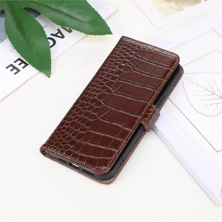 For Honor X20 SE Crocodile Texture Genuine Cowhide Leather Flip Folio Case Wallet Design RFID Blocking Stand Shockproof Phone Cover - Brown
