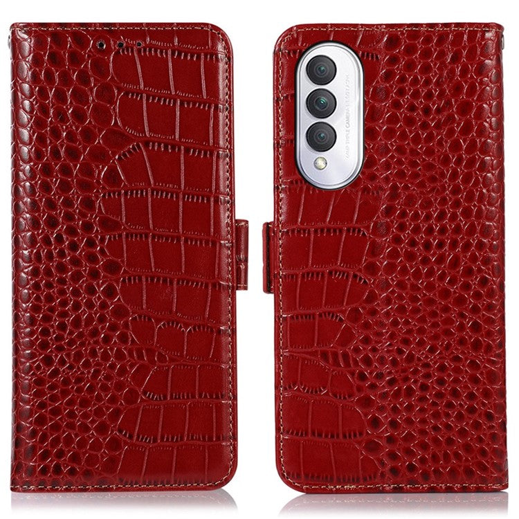 For Honor X20 SE Crocodile Texture Genuine Cowhide Leather Flip Folio Case Wallet Design RFID Blocking Stand Shockproof Phone Cover - Red