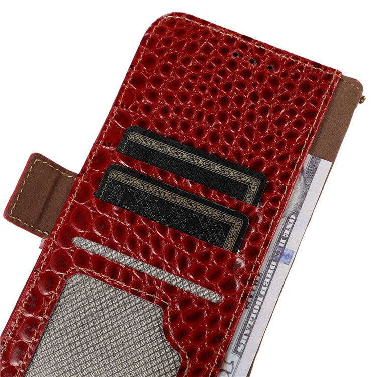 For Honor X20 SE Crocodile Texture Genuine Cowhide Leather Flip Folio Case Wallet Design RFID Blocking Stand Shockproof Phone Cover - Red