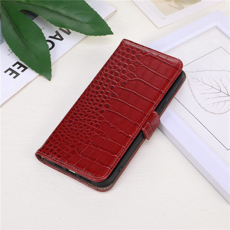 For Honor X20 SE Crocodile Texture Genuine Cowhide Leather Flip Folio Case Wallet Design RFID Blocking Stand Shockproof Phone Cover - Red