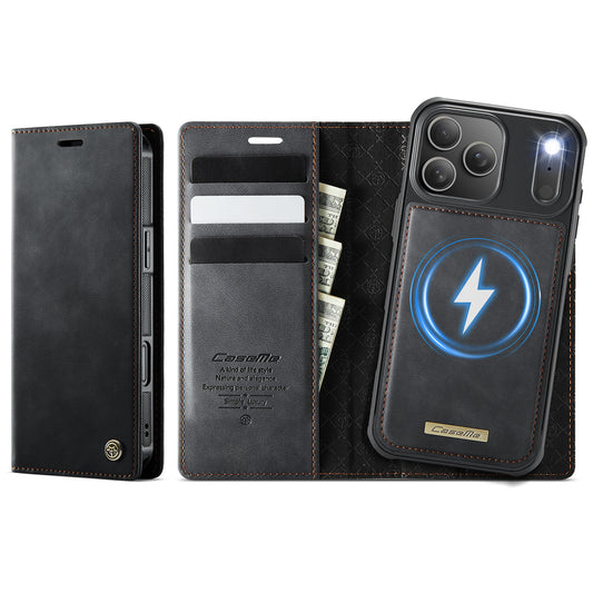 For iPhone 17 Pro Max Case CASEME C49 Compatible with MagSafe RFID Blocking Detachable Wallet Leather Phone Cover - Black