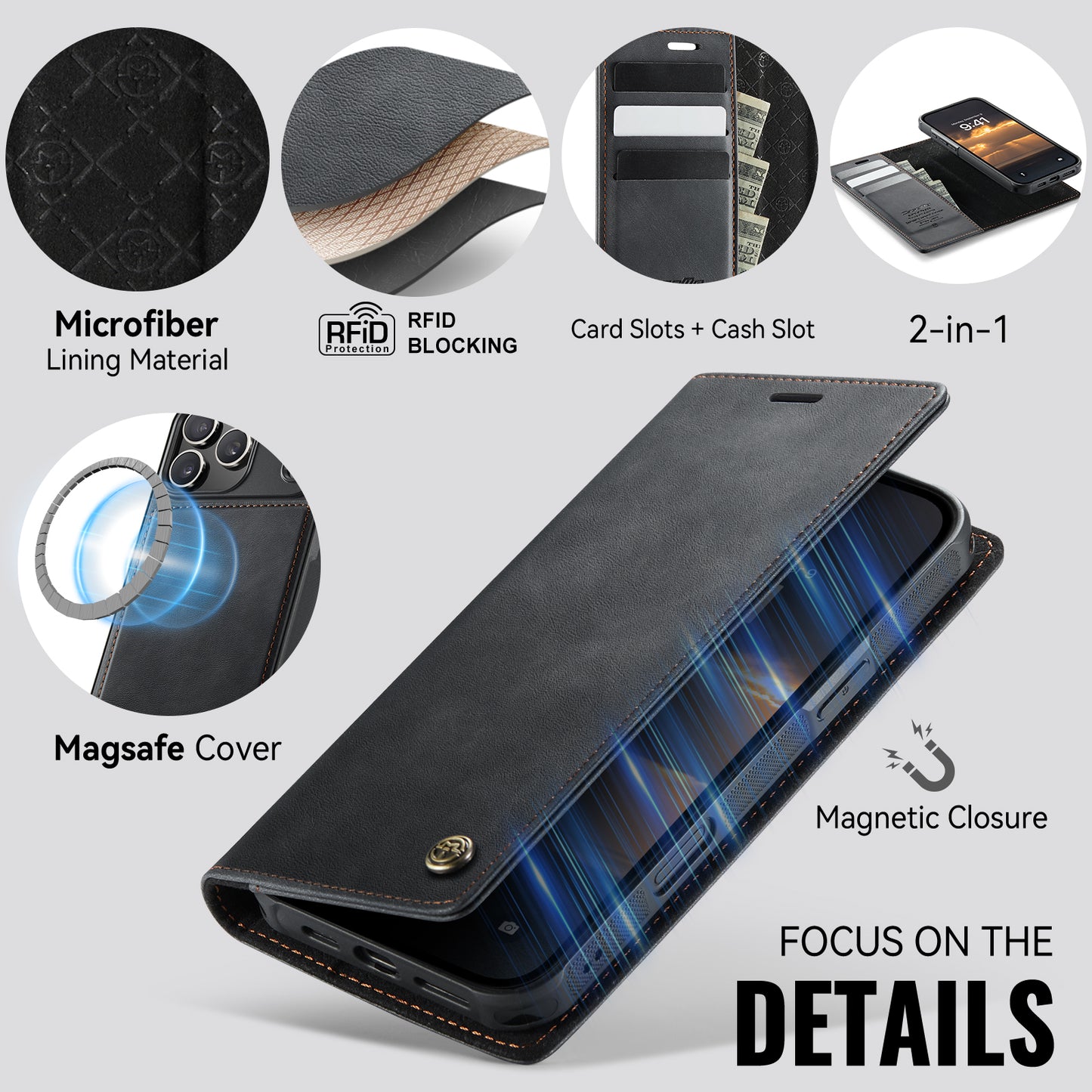 For iPhone 17 Pro Max Case CASEME C49 Compatible with MagSafe RFID Blocking Detachable Wallet Leather Phone Cover - Black