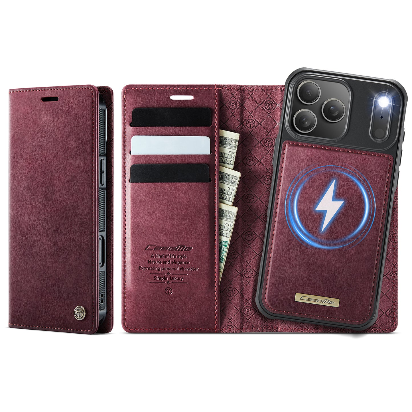 For iPhone 17 Pro Max Case CASEME C49 Compatible with MagSafe RFID Blocking Detachable Wallet Leather Phone Cover - Red