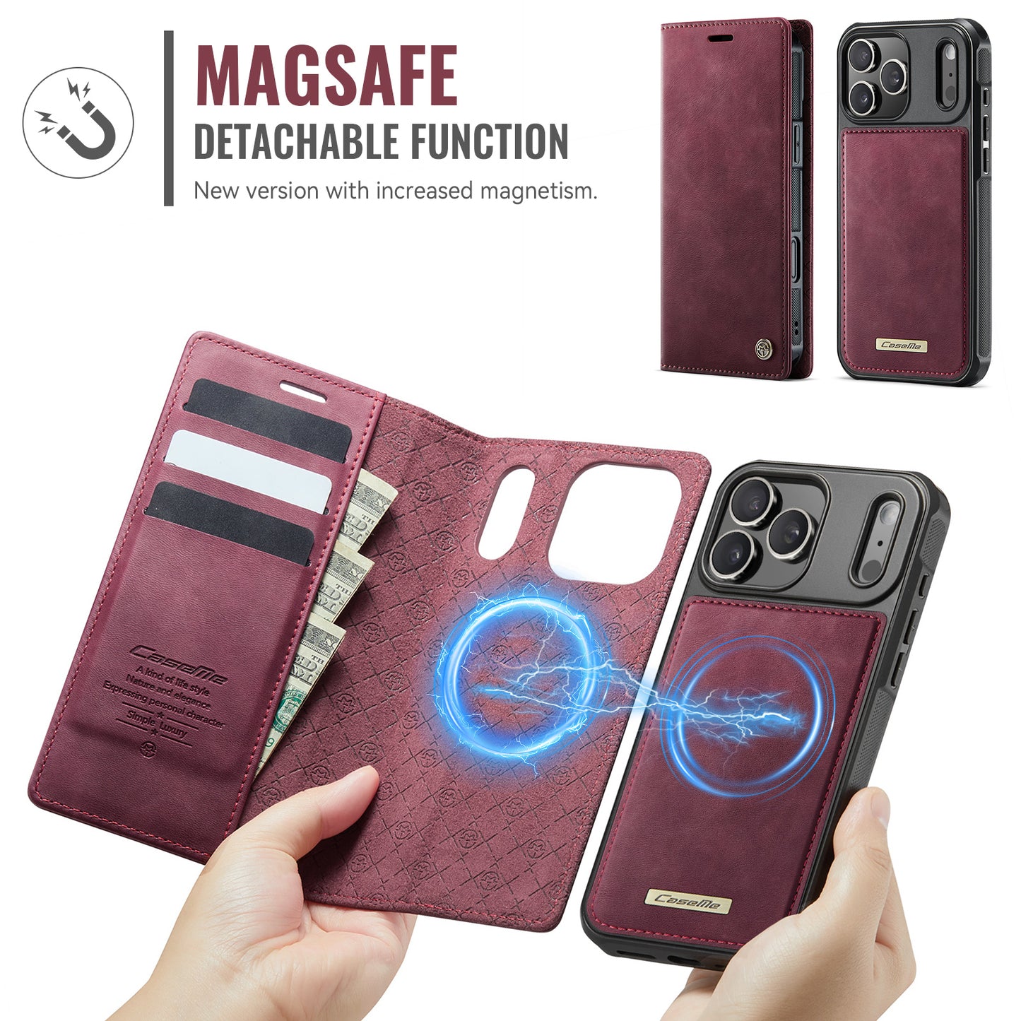 For iPhone 17 Pro Max Case CASEME C49 Compatible with MagSafe RFID Blocking Detachable Wallet Leather Phone Cover - Red