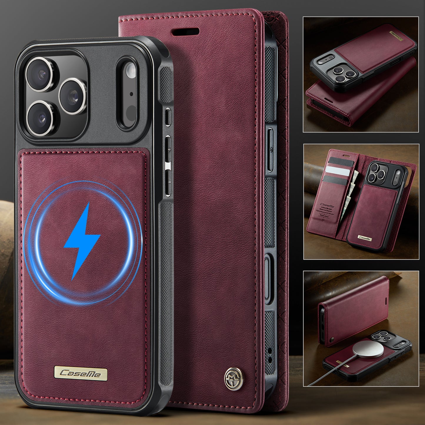 For iPhone 17 Pro Max Case CASEME C49 Compatible with MagSafe RFID Blocking Detachable Wallet Leather Phone Cover - Red