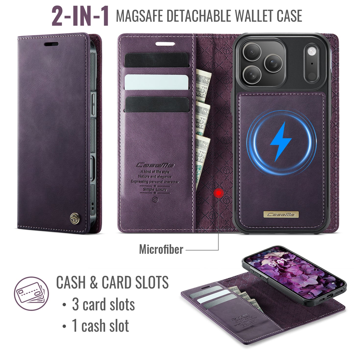 For iPhone 17 Pro Max Case CASEME C49 Compatible with MagSafe RFID Blocking Detachable Wallet Leather Phone Cover - Purple
