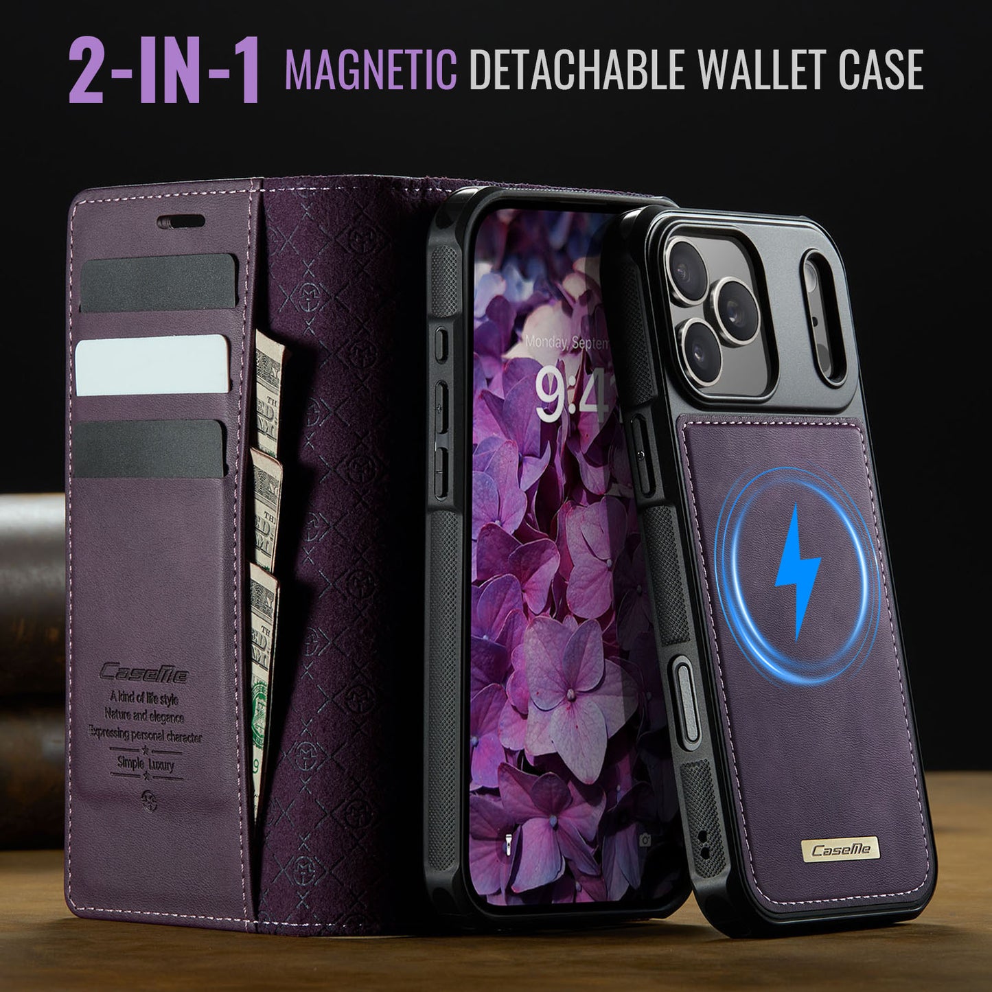 For iPhone 17 Pro Max Case CASEME C49 Compatible with MagSafe RFID Blocking Detachable Wallet Leather Phone Cover - Purple