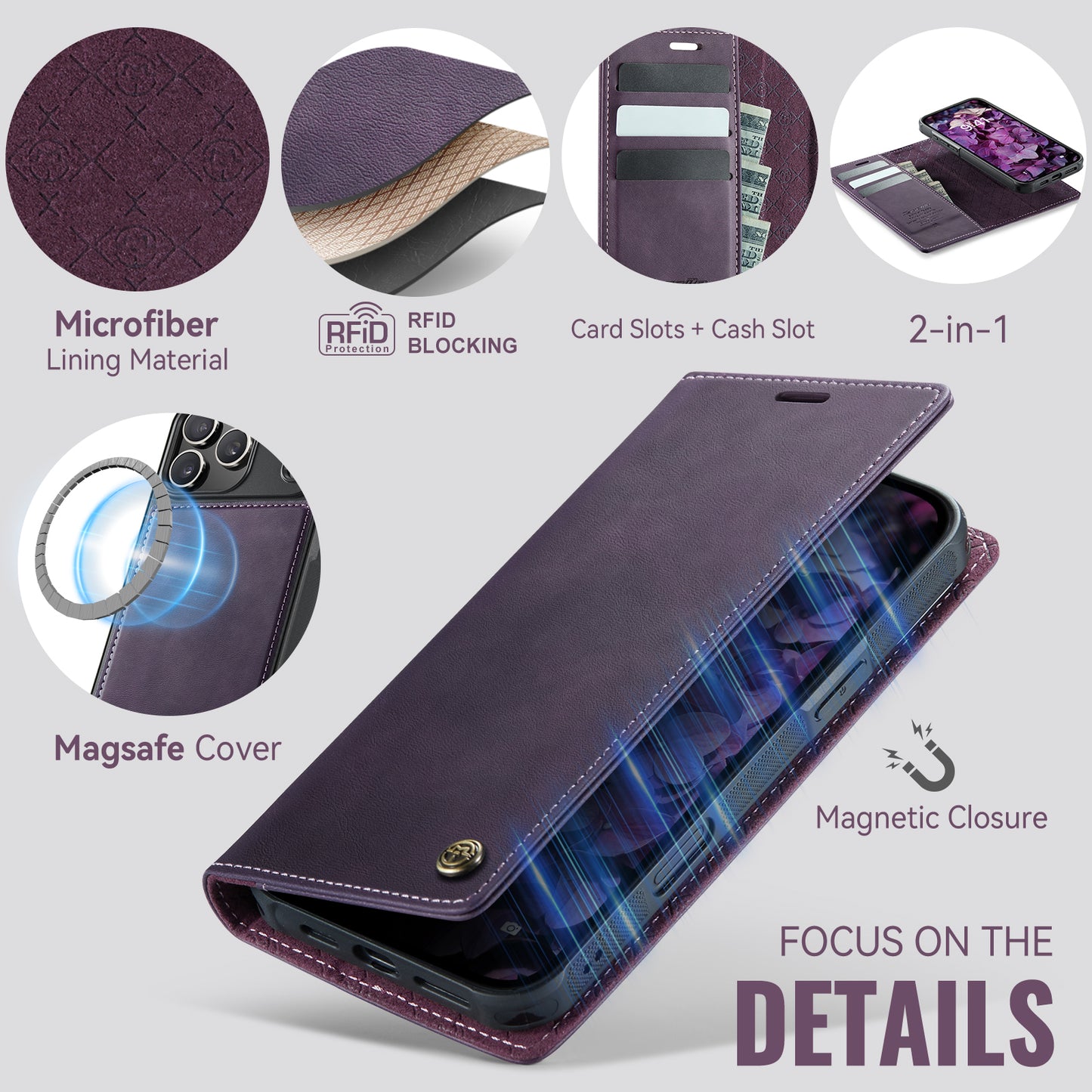 For iPhone 17 Pro Max Case CASEME C49 Compatible with MagSafe RFID Blocking Detachable Wallet Leather Phone Cover - Purple