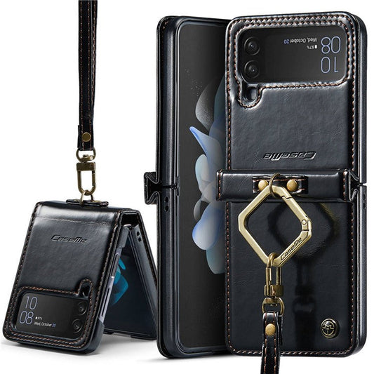 CASEME 003 Series For Samsung Galaxy Z Flip4 5G PU Leather Coated PC Kickstand Case Waxy Texture Phone Cover with Detachable Ring Holder and Hand Strap - Black