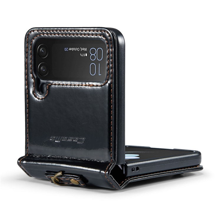 CASEME 003 Series For Samsung Galaxy Z Flip4 5G PU Leather Coated PC Kickstand Case Waxy Texture Phone Cover with Detachable Ring Holder and Hand Strap - Black