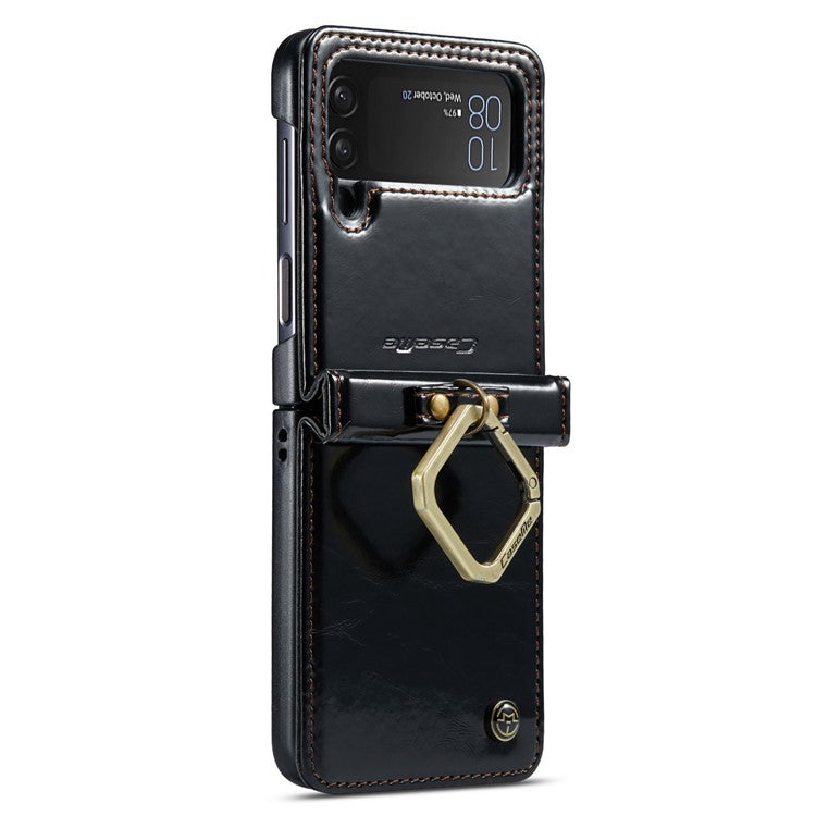 CASEME 003 Series For Samsung Galaxy Z Flip4 5G PU Leather Coated PC Kickstand Case Waxy Texture Phone Cover with Detachable Ring Holder and Hand Strap - Black